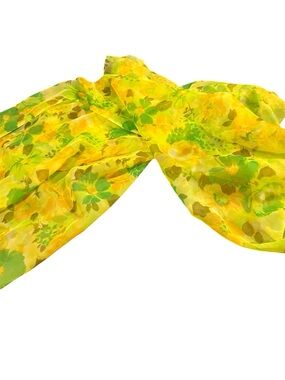 Sheer Floral Scarf Yellow Green Lightweight Wrap Shawl Large Vintage Style